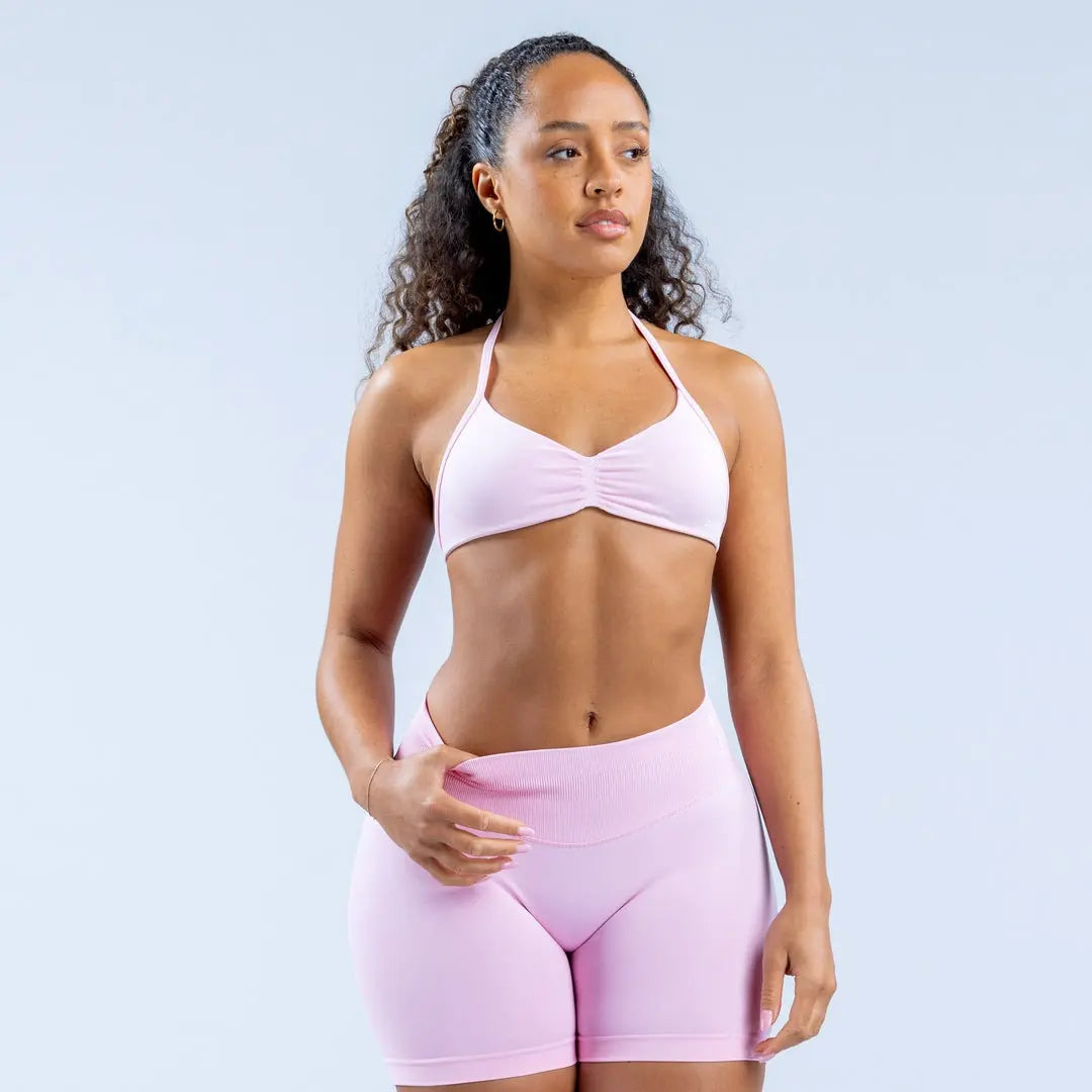 Impact Strappy Bra & Shorts Set - Sleek and Supportive Activewear in Plain Coral Color for Women Workout Running Clothes Athletic Sports Clothing Fitness Suit Skinny Sportswear Mesh Athleisure