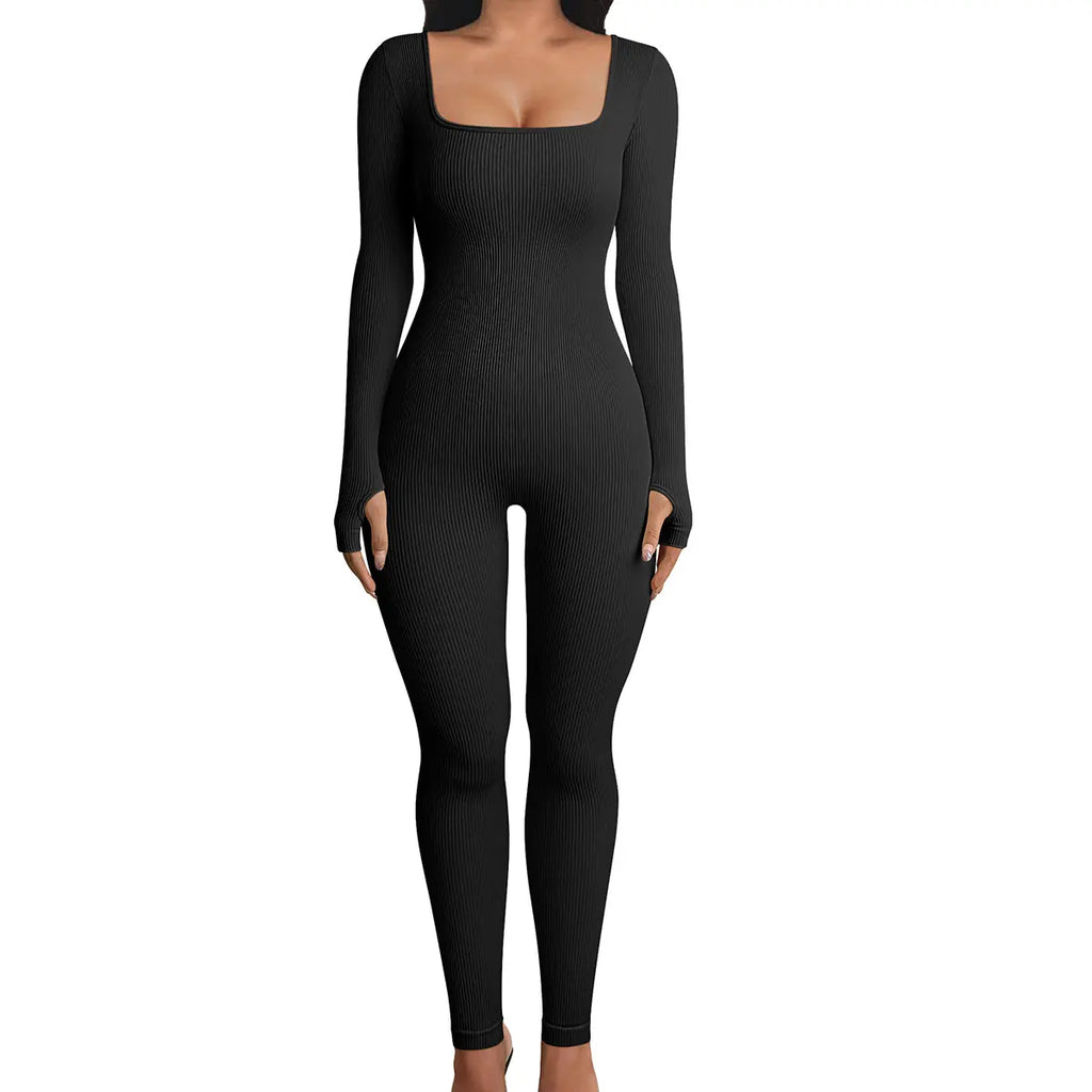 Women Yoga Jumpsuits Workout Ribbed Long Sleeve Sport Jumpsuits