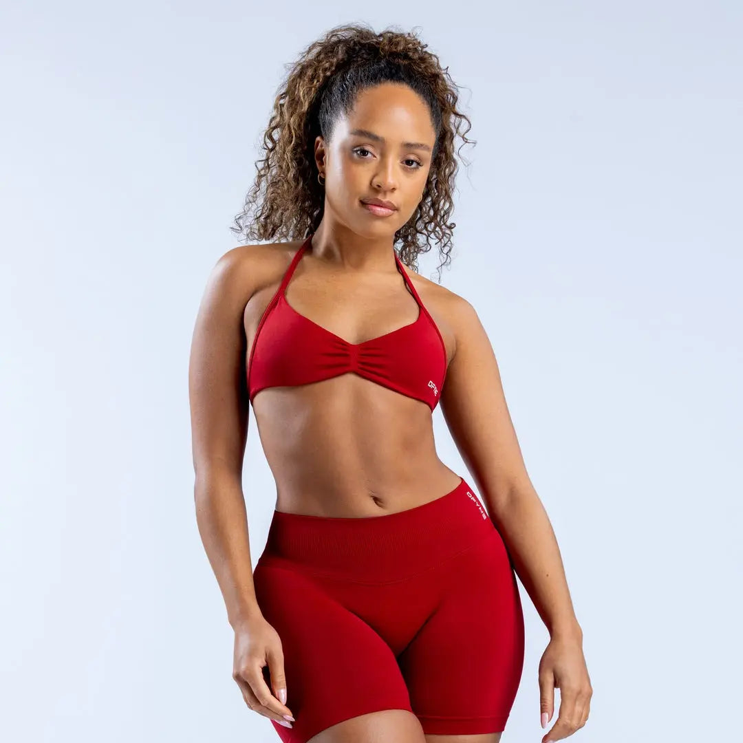 Impact Strappy Bra & Shorts Set - Sleek and Supportive Activewear in Plain Coral Color for Women Workout Running Clothes Athletic Sports Clothing Fitness Suit Skinny Sportswear Mesh Athleisure
